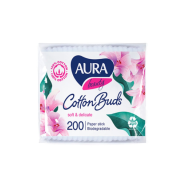 Aura Beauty vatitikud pabervarrega kotis, 200 tk