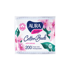 Aura Beauty vatitikud pabervarrega kotis, 200 tk