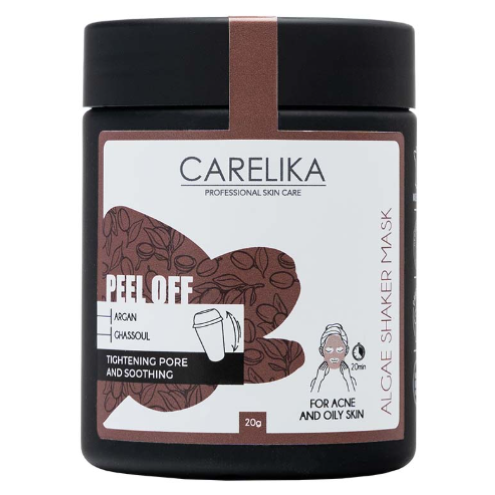 CARELIKA Shaker Peel Off Mask Argan-Ghassoul – argaani-ghassouli kiletõmmatav savimask, 20 g (CPSMAC020J)