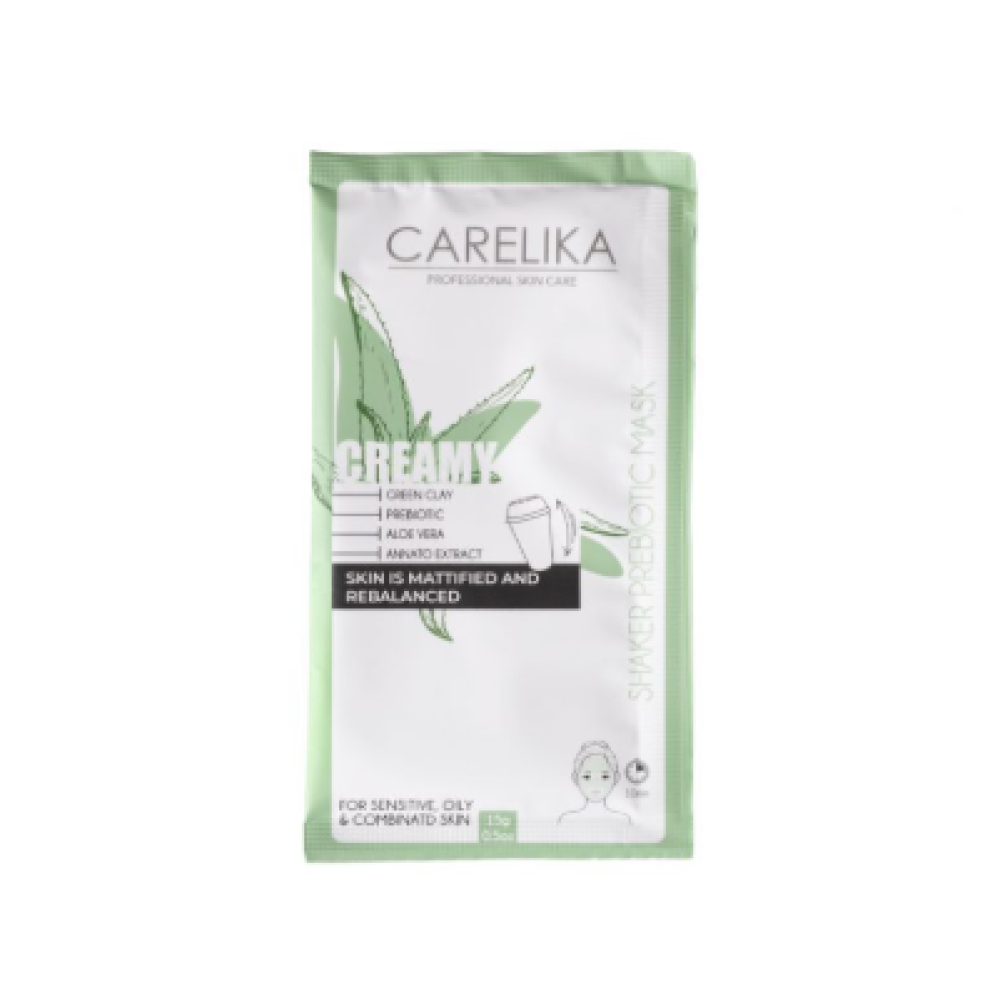 CARELIKA Shaker Prebiotic Creamy Mask Green Clay - Matistav kreemmask prebiootikumidega ja rohelise saviga, 15 g (CPSMCM015P)