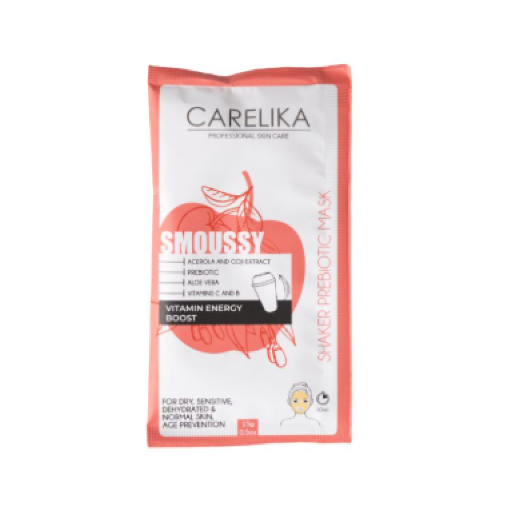 CARELIKA Shaker Prebiotic Smoussy Mask Acerola and Goji — vitamiinirikas vahtšehkeri mask prebiootikumidega, 15 g (CPSMVEB015P)