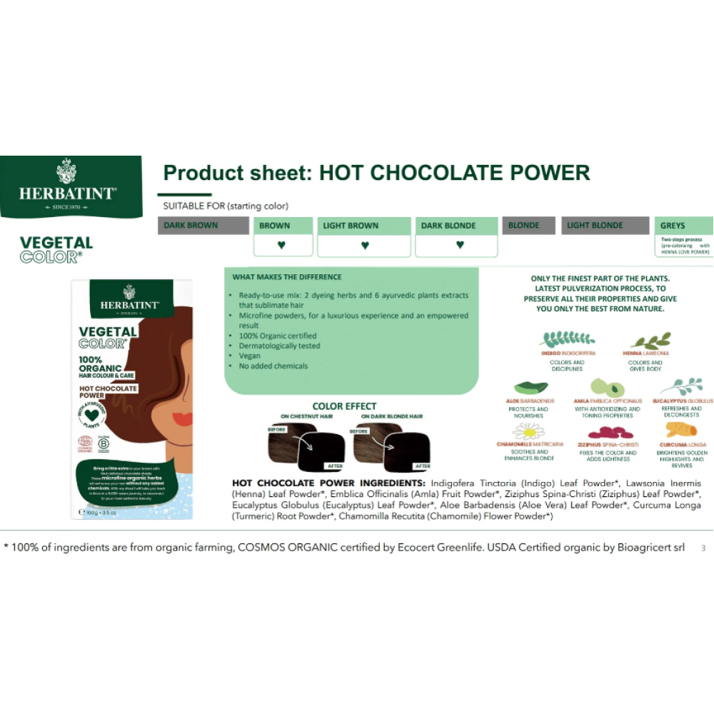 HERBATINT Vegetal Color - Orgaaniline juuksevärv (Hot Chocolate Power / Tumepruun) (Herb-hot-choco)
