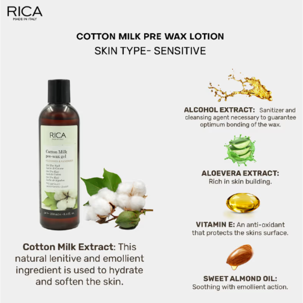 RICA Cotton Milk Pre-wax Gel – puuvillaekstraktiga eelvaha geel, 250 ml (ERICA41)