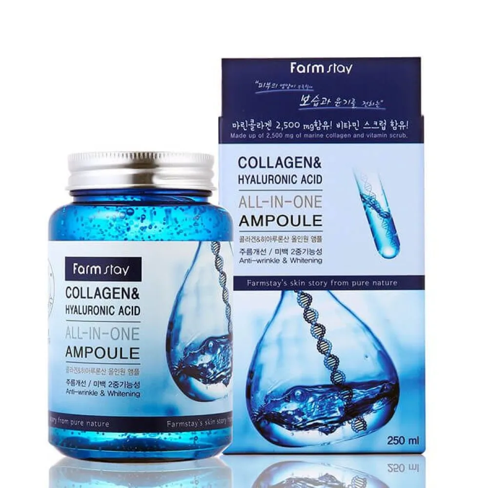 FarmStay Collagen & Hyaluronic Acid All-In-One Ampoule – mitmekülgne seerum kollageeni ja hüaluroonhappega, 250 ml