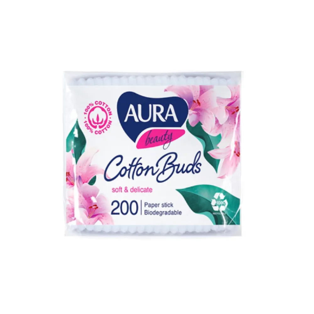 Aura Beauty vatitikud pabervarrega kotis, 200 tk