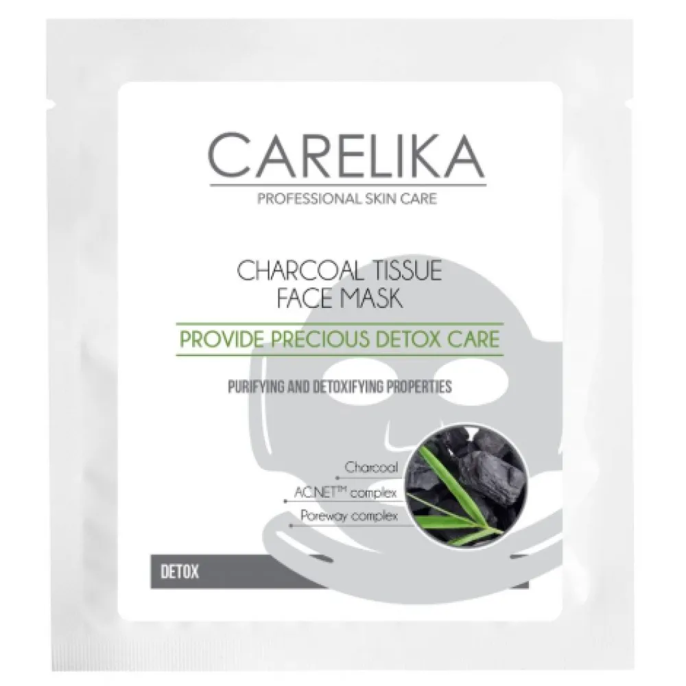 CARELIKA Charcoal Tissue Face Mask Detox – puhastav ja detoksifitseeriv kangast näomask aktiivsöega, 23 ml