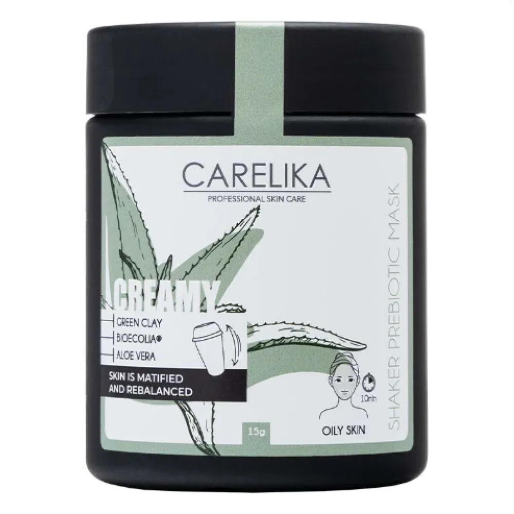 CARELIKA Shaker Prebiotic Creamy Mask Green Clay – matistav kreemmask prebiootikumide ja rohelise saviga, 15 g