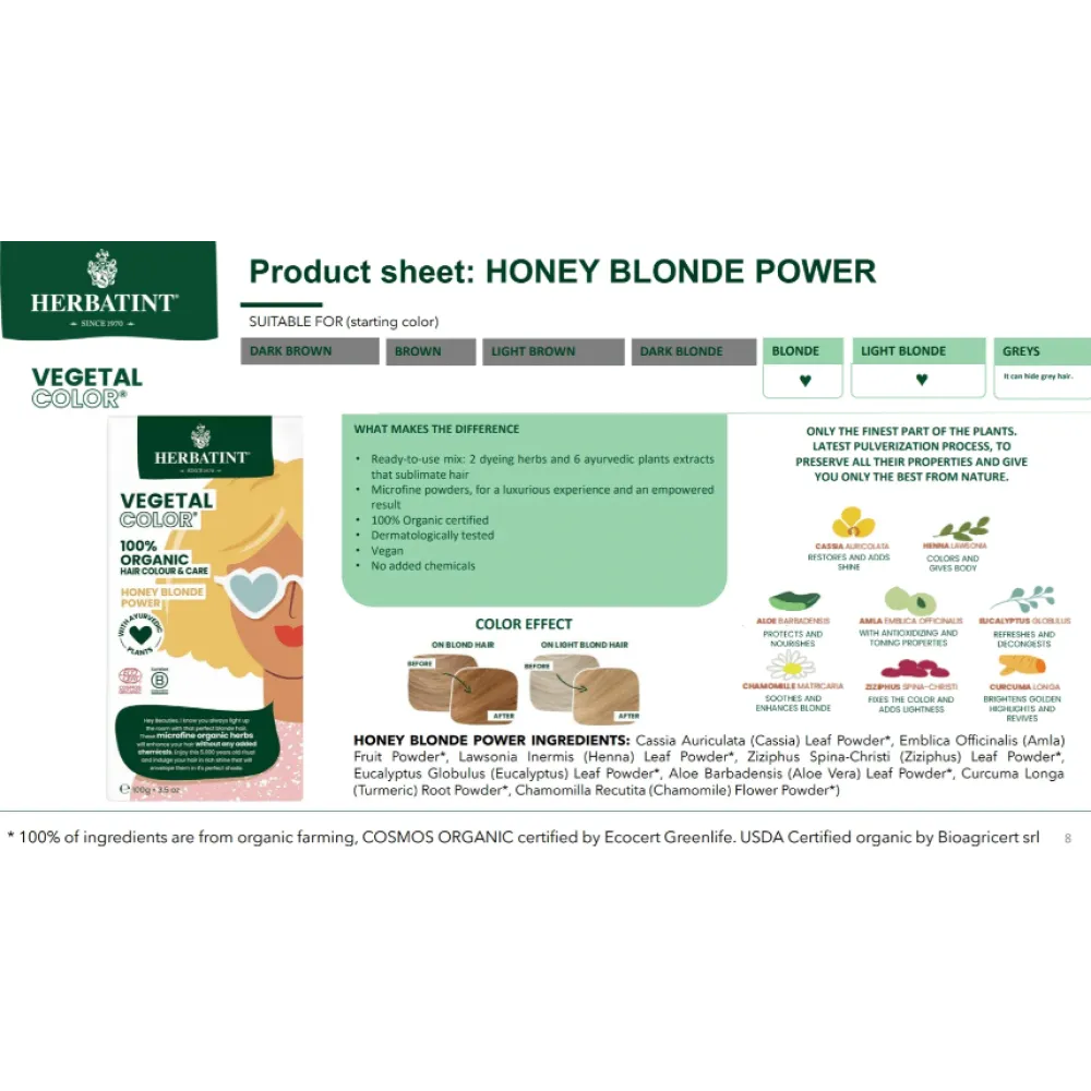 HERBATINT Vegetal Color – orgaaniline juuksevärv (Honey Blond Power / mesi-blond)